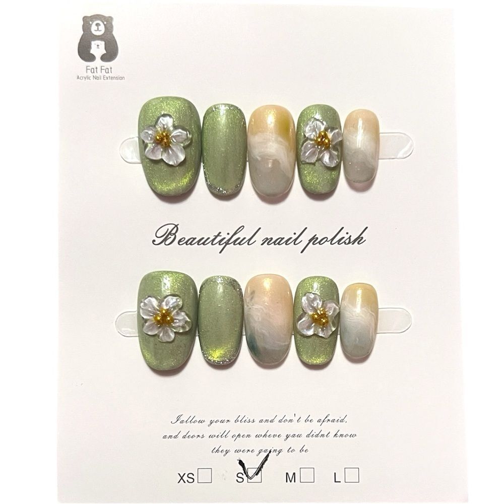 Stylish Handmade Green 3D Flower Press-On Nails Size S